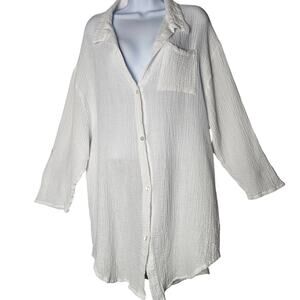 Tahiti White Cotton Gauze Button Up Shirt 1X Beach Cover Up Coastal‎ Resort